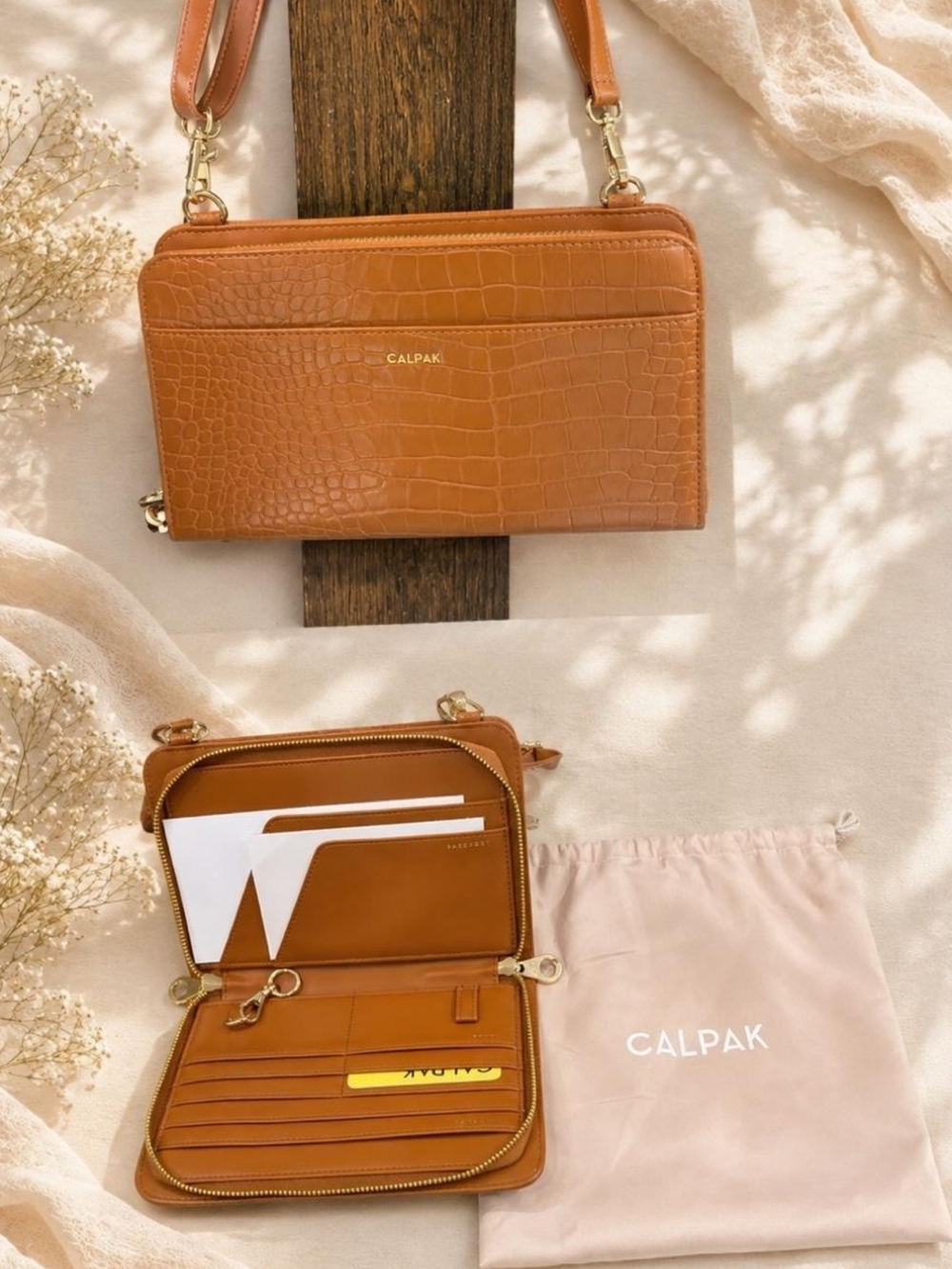 Calpak Croc-Embossed Convertible Crossbody Wallet in Tan